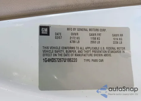 2007 Buick Lucerne Cxl z USA, uszkodzony, nr VIN 1G4HD57267U186220